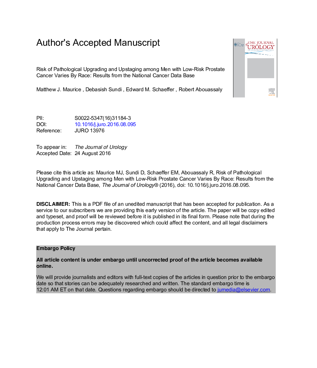 Risk of Pathological Upgrading and Up Staging among Men with Low Risk Prostate Cancer Varies by Race: Results from the National Cancer Database