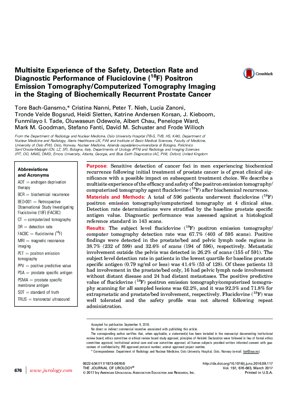 Multisite Experience of the Safety, Detection Rate and Diagnostic Performance of Fluciclovine (18F) Positron Emission Tomography/Computerized Tomography Imaging in the Staging of Biochemically Recurrent Prostate Cancer