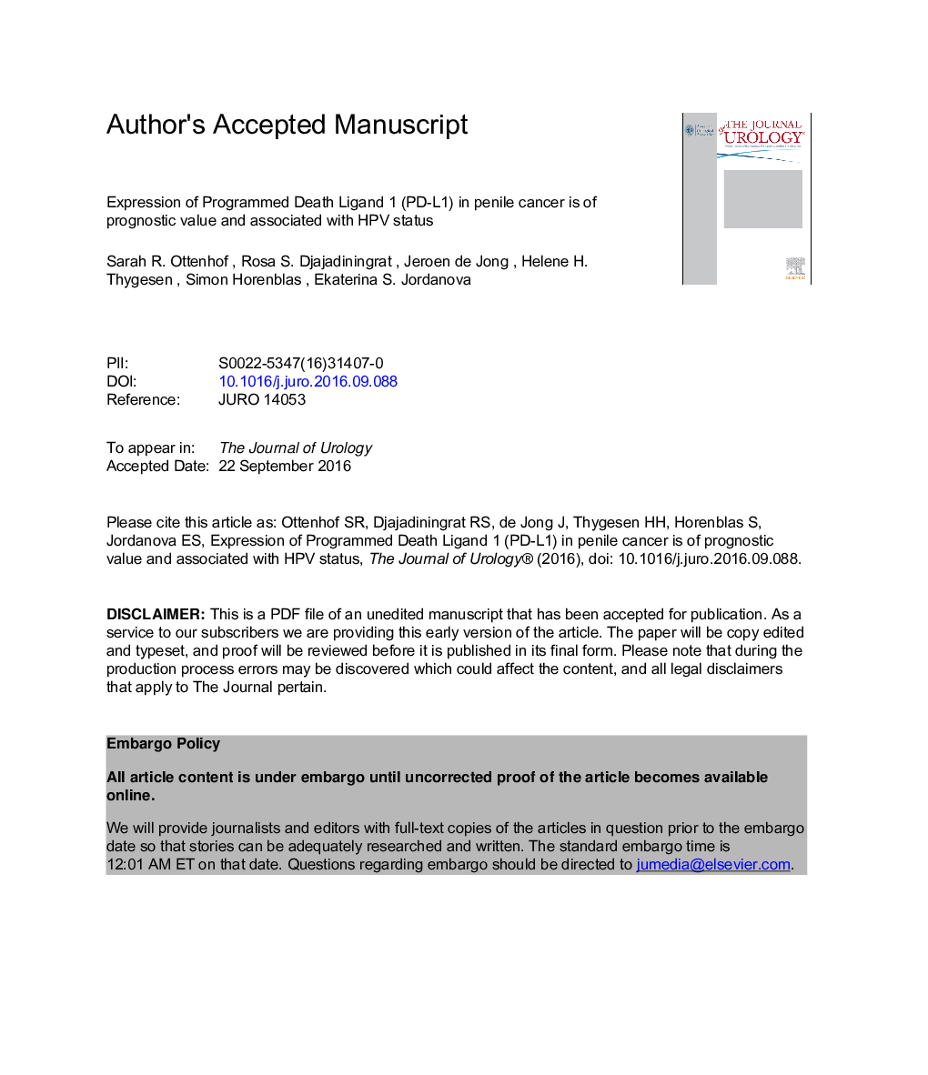 Expression of Programmed Death Ligand 1 in Penile Cancer is of Prognostic Value and Associated with HPV Status