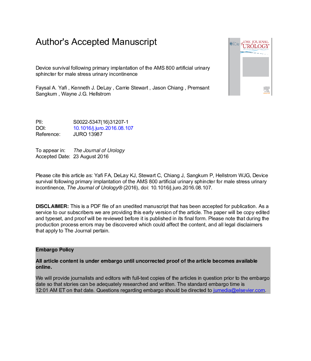 Device Survival after Primary Implantation of an Artificial Urinary Sphincter for Male Stress Urinary Incontinence