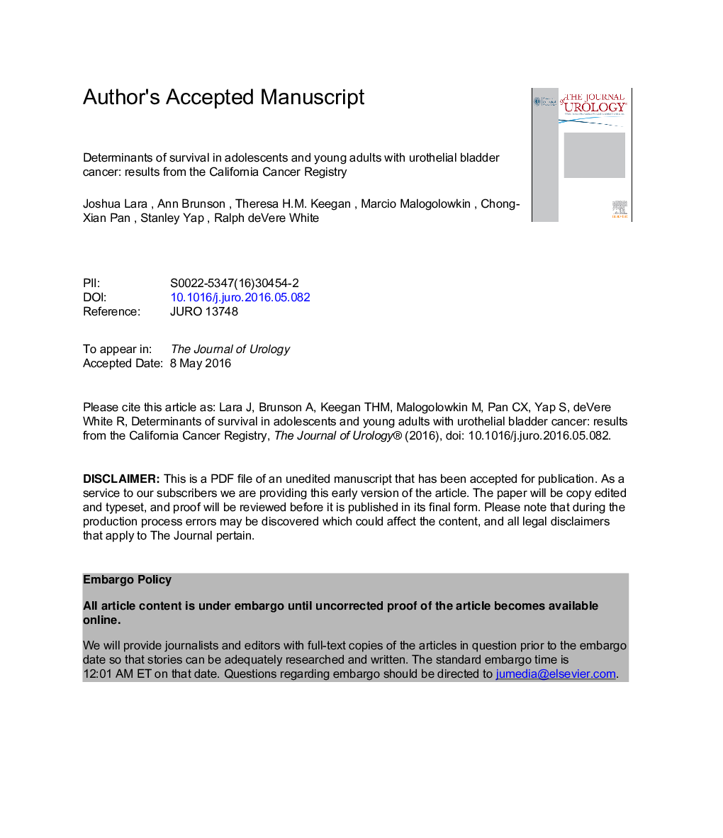 Determinants of Survival for Adolescents and Young Adults with Urothelial Bladder Cancer: Results from the California Cancer Registry