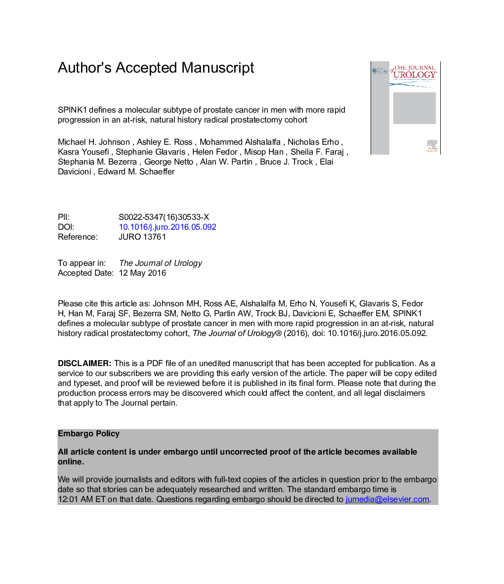 SPINK1 Defines a Molecular Subtype of Prostate Cancer in Men with More Rapid Progression in an at Risk, Natural History Radical Prostatectomy Cohort