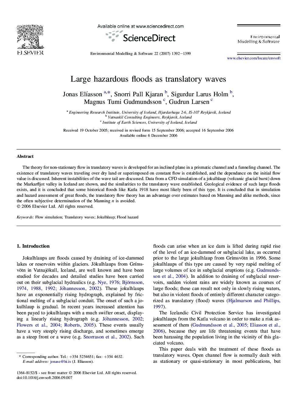 Large hazardous floods as translatory waves