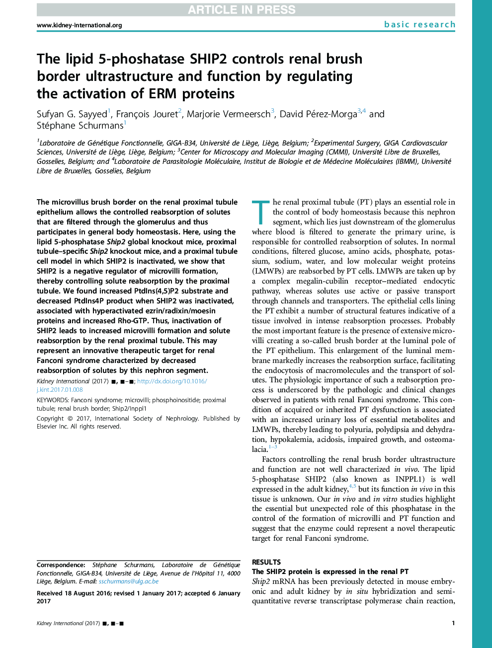 The lipid 5-phoshatase SHIP2 controls renal brush border ultrastructure and function by regulating the activation of ERM proteins