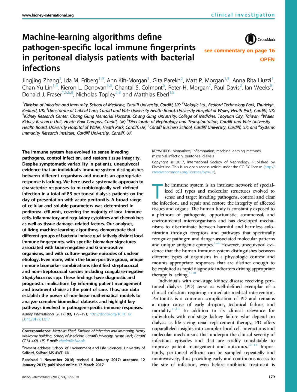 Machine-learning algorithms define pathogen-specific local immune fingerprints inÂ peritoneal dialysis patients with bacterial infections