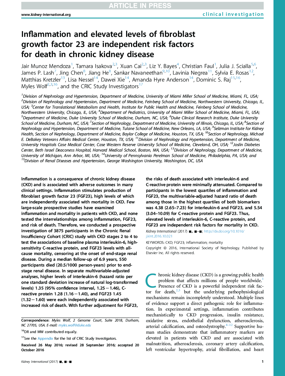 Inflammation and elevated levels of fibroblast growth factor 23 are independent risk factors forÂ death in chronic kidney disease