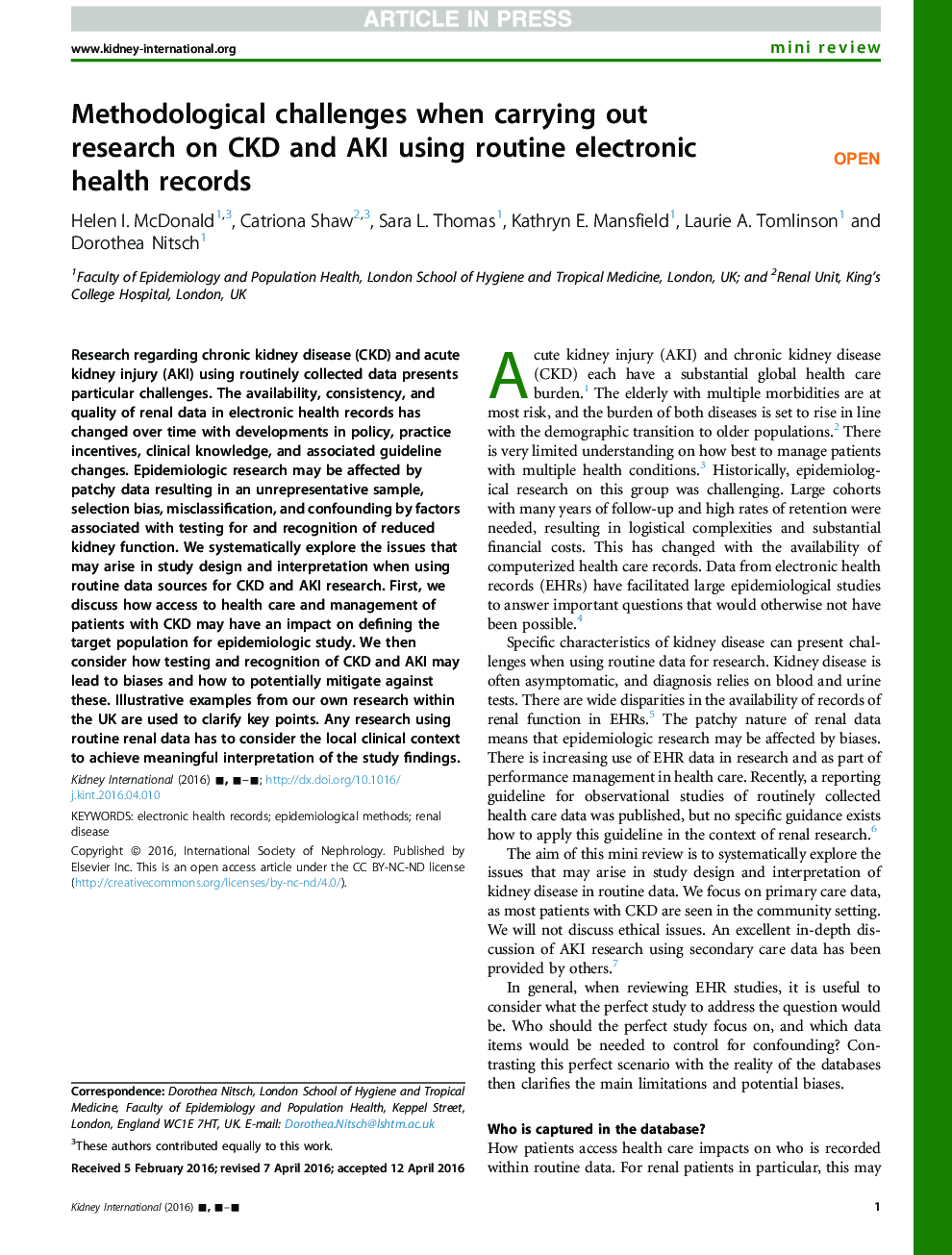 Methodological challenges when carrying out research on CKD and AKI using routine electronic health records