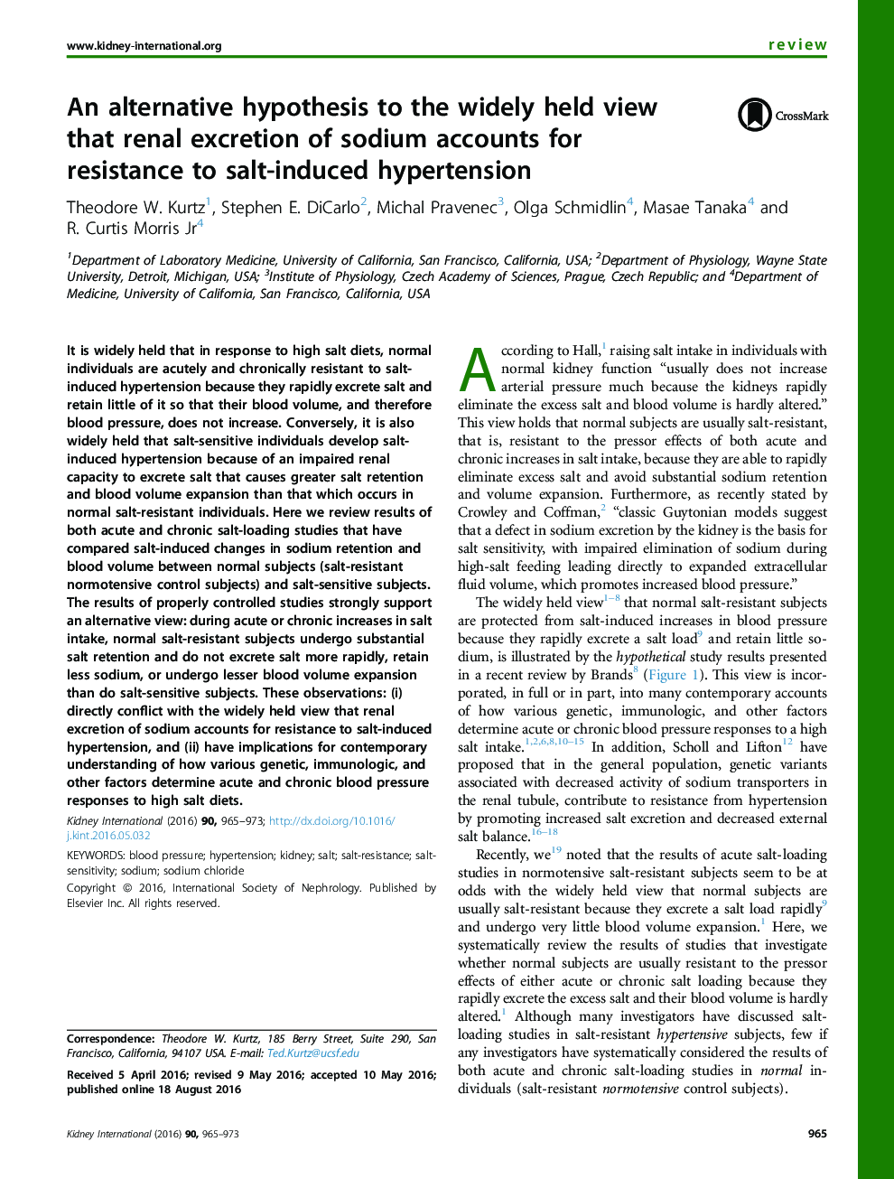 An alternative hypothesis to the widely held view that renal excretion of sodium accounts for resistance to salt-induced hypertension