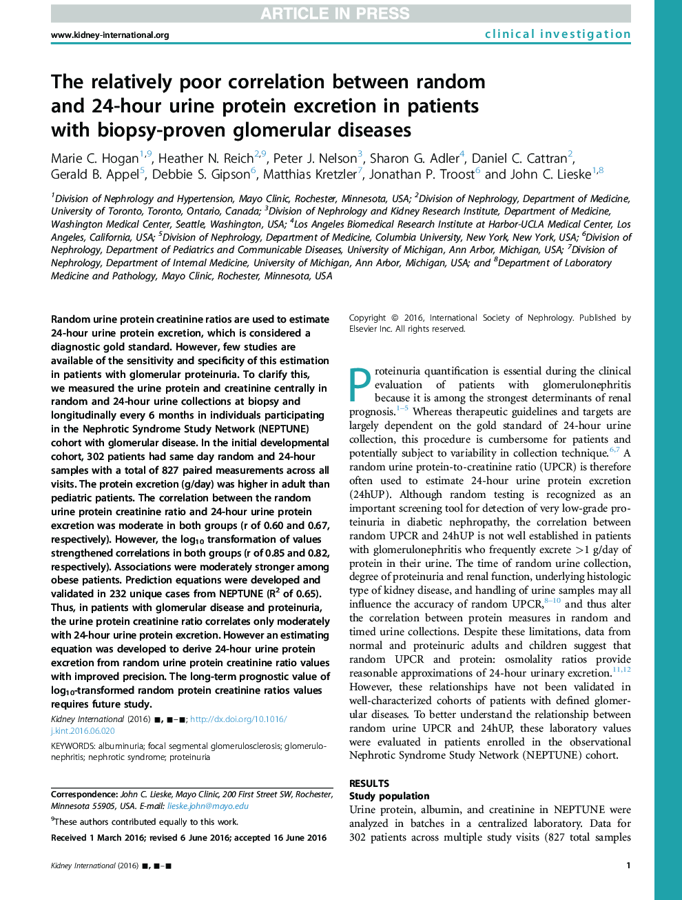 The relatively poor correlation between random andÂ 24-hour urine protein excretion in patients withÂ biopsy-proven glomerular diseases