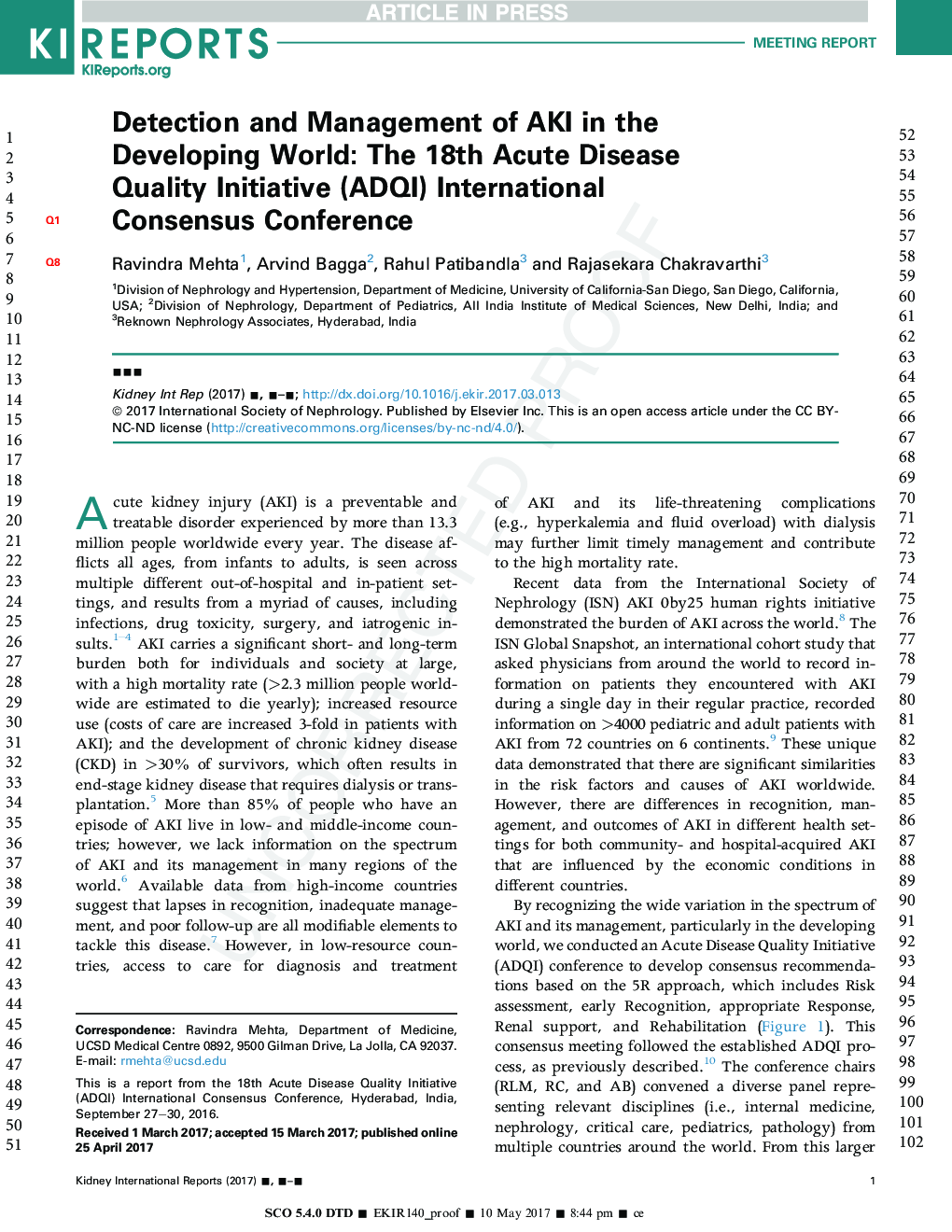 Detection and Management of AKI in the Developing World: The 18th Acute Disease Quality Initiative (ADQI) International Consensus Conference