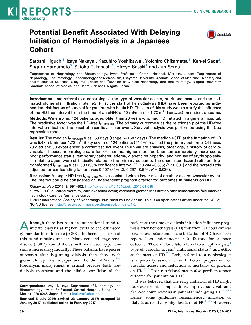 Potential Benefit Associated With Delaying Initiation of Hemodialysis in a Japanese Cohort