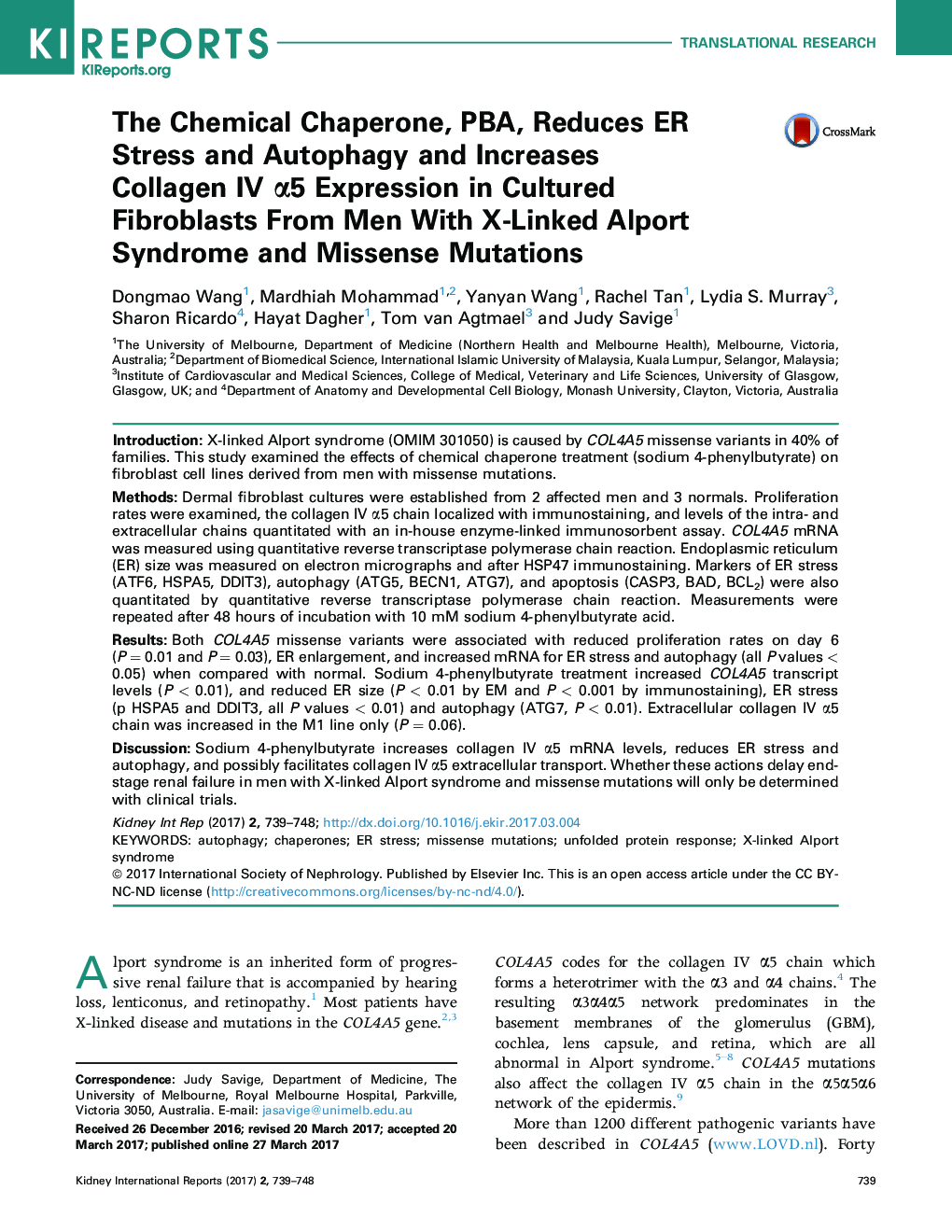 The Chemical Chaperone, PBA, Reduces ER Stress and Autophagy and Increases Collagen IV Î±5 Expression in Cultured Fibroblasts From Men With X-Linked Alport Syndrome and Missense Mutations