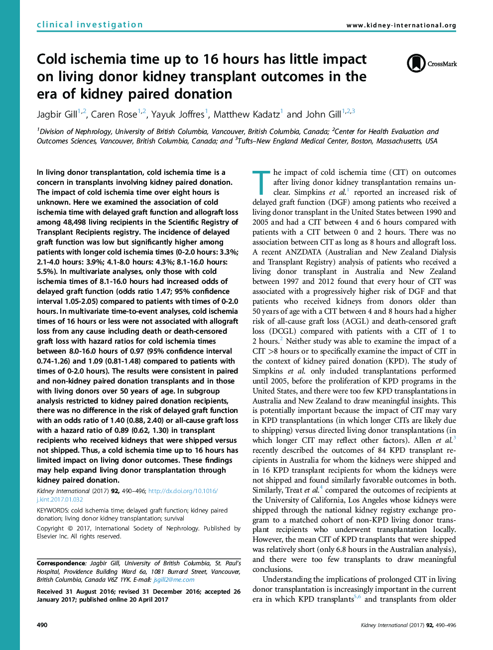 Cold ischemia time up to 16 hours has little impact on living donor kidney transplant outcomes in the era of kidney paired donation