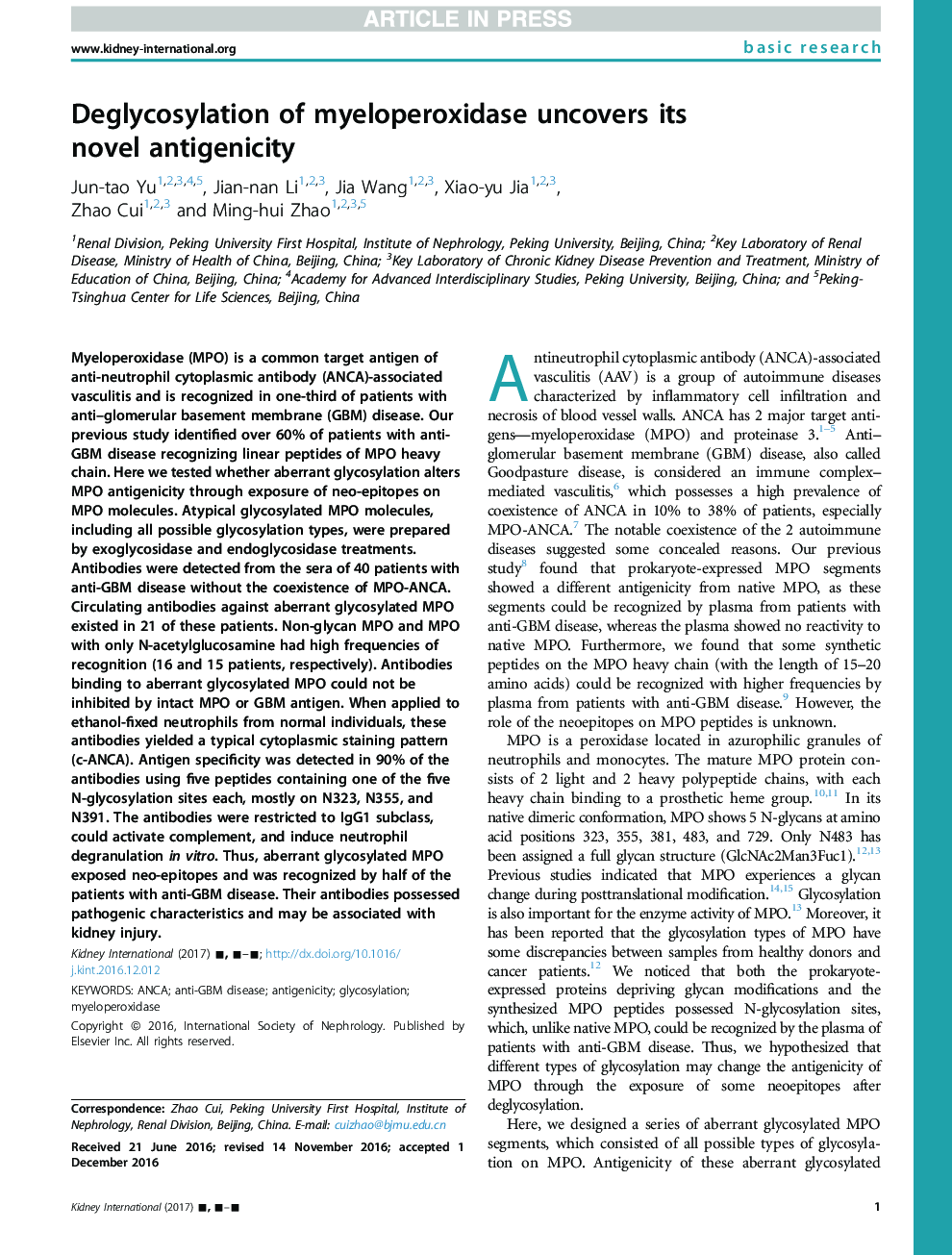 Deglycosylation of myeloperoxidase uncovers its novel antigenicity