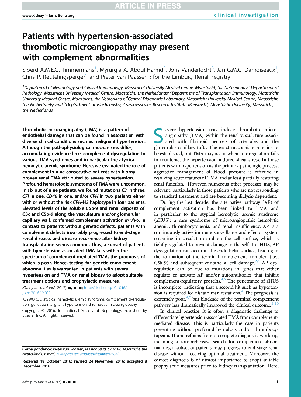 Patients with hypertension-associated thromboticÂ microangiopathy may present withÂ complement abnormalities