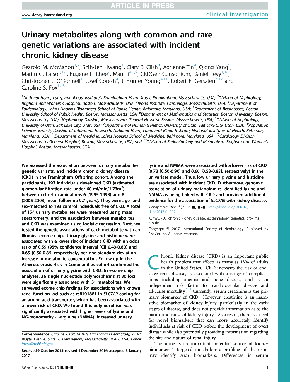 Urinary metabolites along with common and rareÂ genetic variations are associated with incidentÂ chronic kidney disease