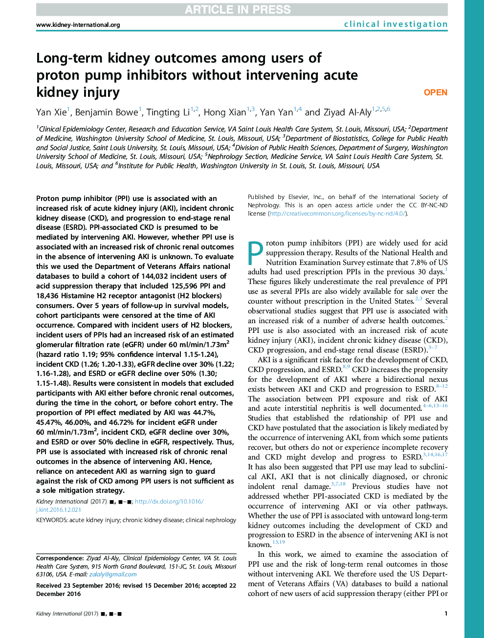 Long-term kidney outcomes among users of proton pump inhibitors without intervening acute kidney injury