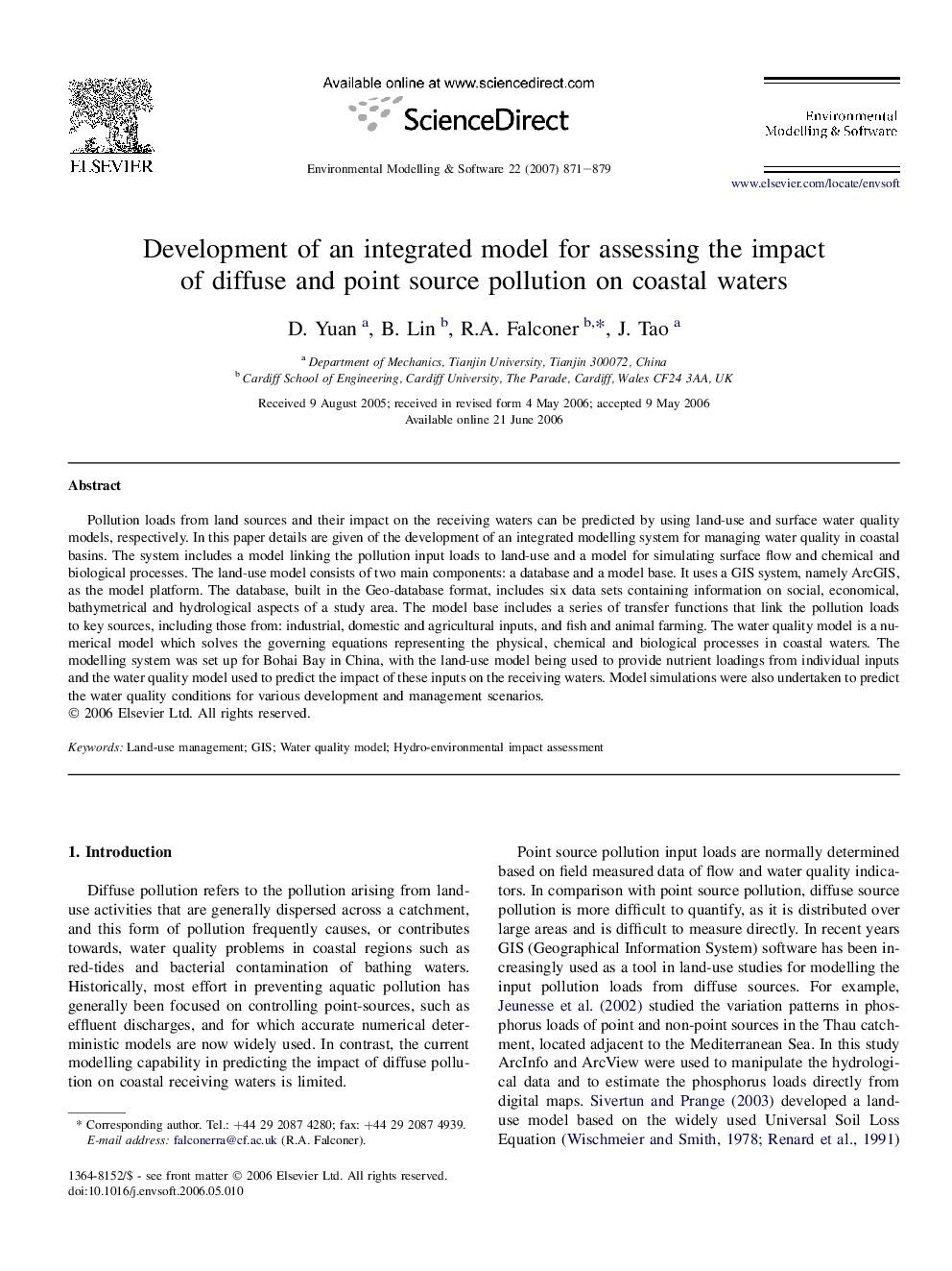 Development of an integrated model for assessing the impact of diffuse and point source pollution on coastal waters