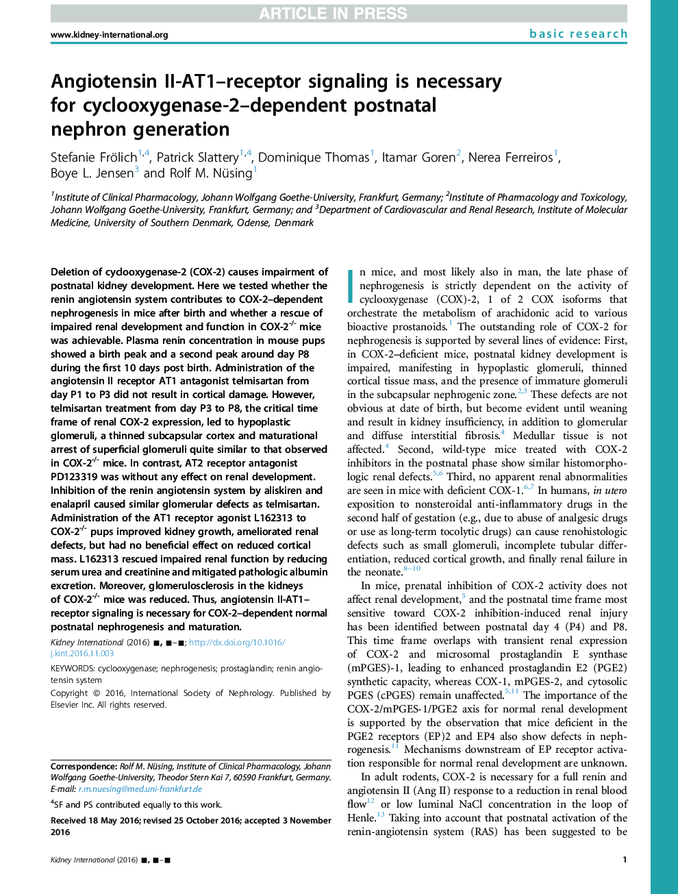 Angiotensin II-AT1-receptor signaling is necessary for cyclooxygenase-2-dependent postnatal nephron generation