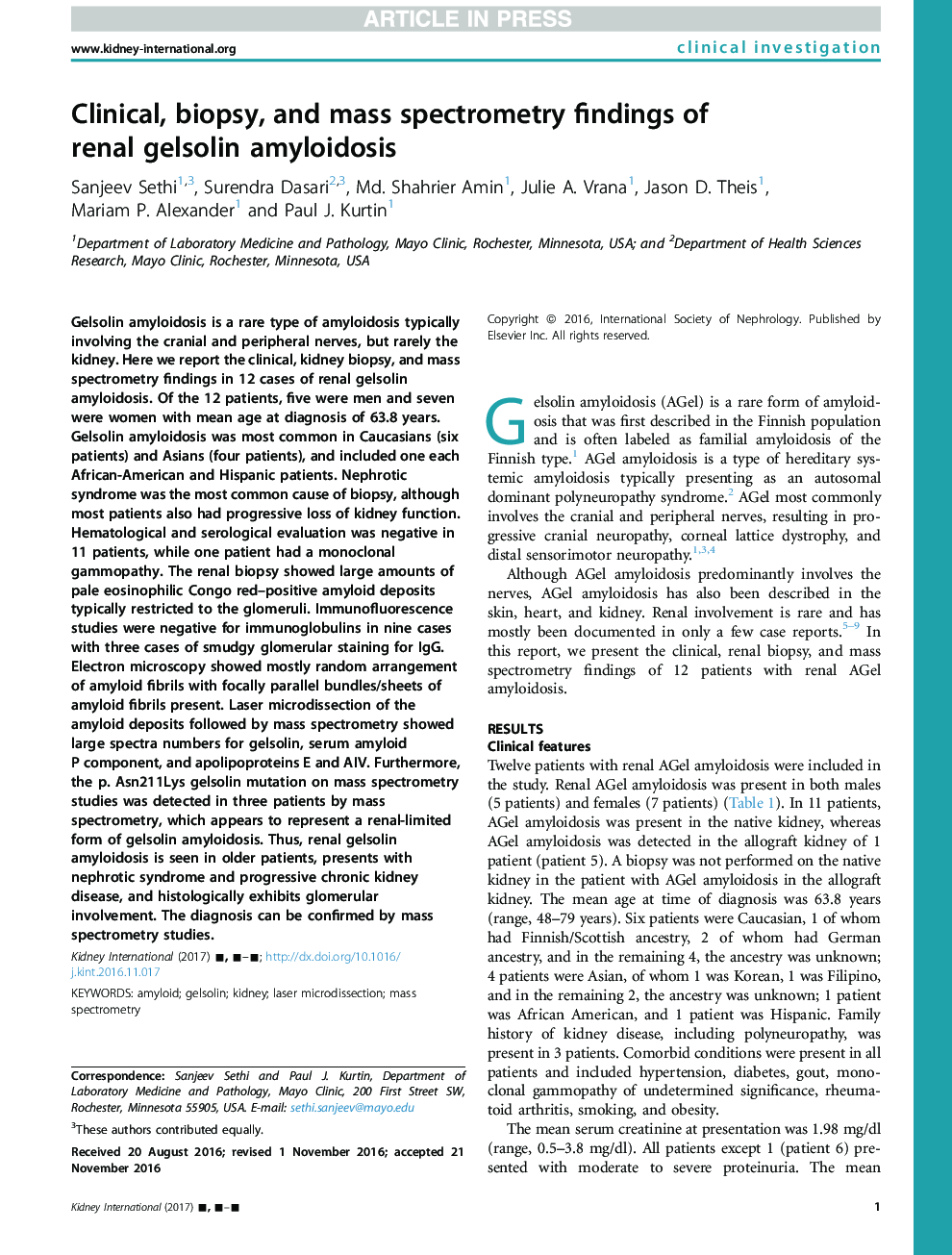 Clinical, biopsy, and mass spectrometry findings of renal gelsolin amyloidosis