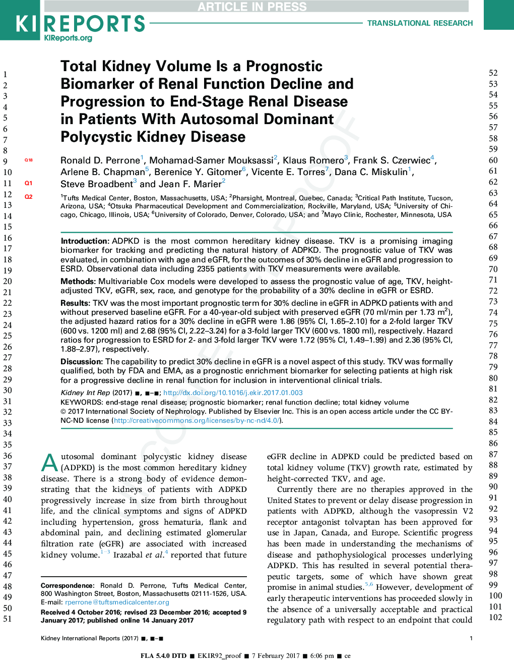 Total Kidney Volume Is a Prognostic Biomarker of Renal Function Decline and Progression to End-Stage Renal Disease inÂ Patients With Autosomal Dominant Polycystic Kidney Disease