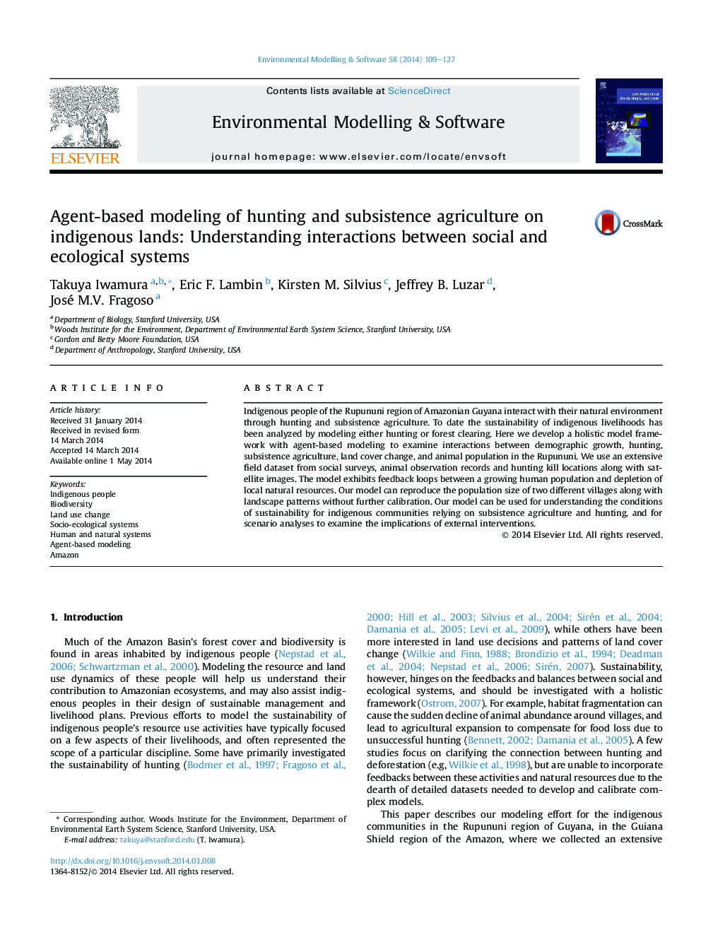 Agent-based modeling of hunting and subsistence agriculture on indigenous lands: Understanding interactions between social and ecological systems