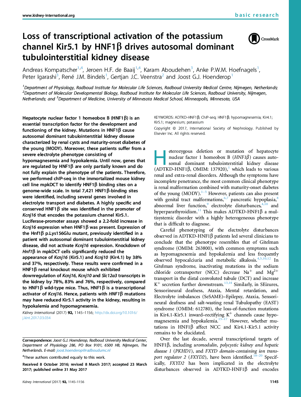 Loss of transcriptional activation of the potassium channel Kir5.1 by HNF1Î² drives autosomal dominant tubulointerstitial kidney disease