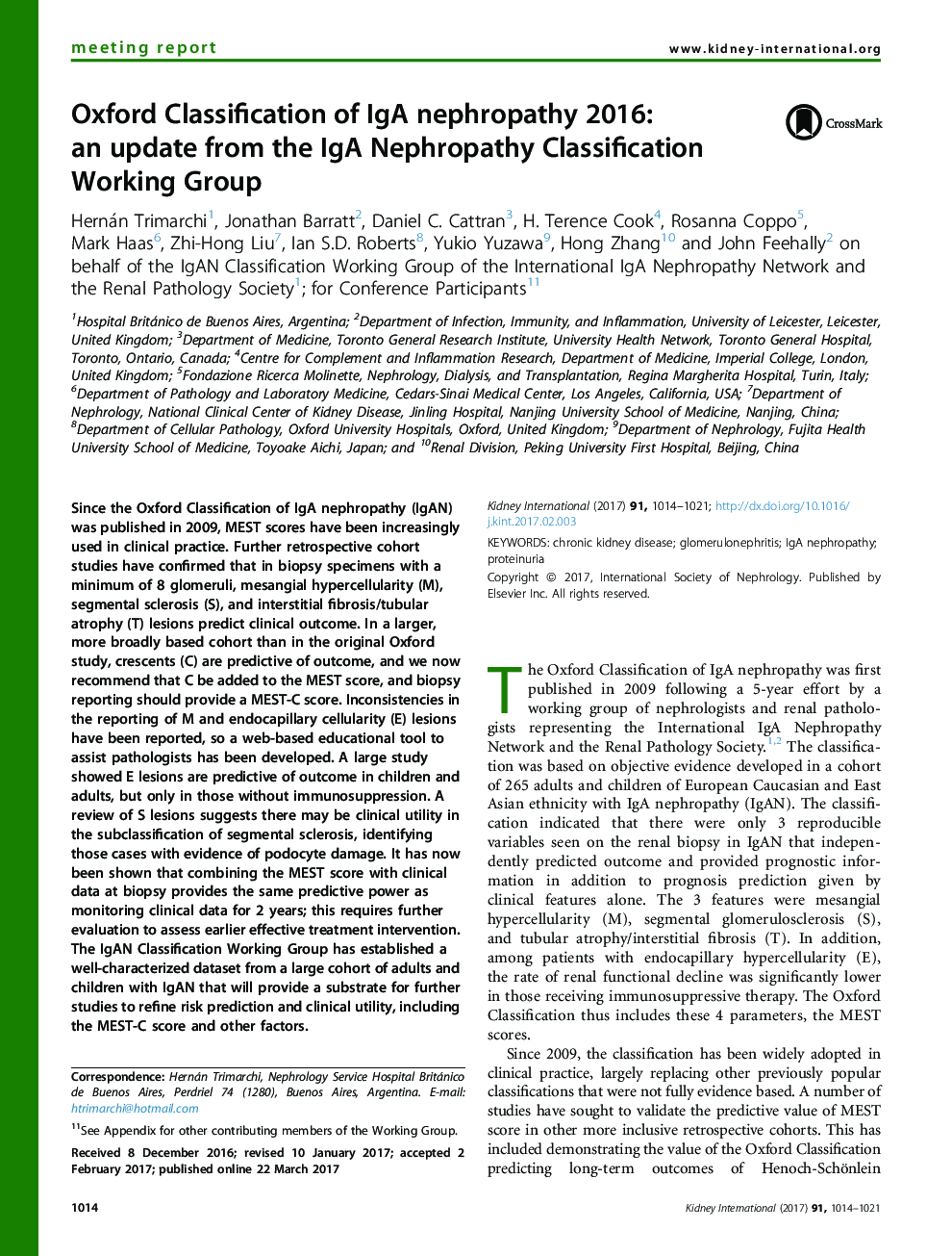 Oxford Classification of IgA nephropathy 2016: anÂ update from the IgA Nephropathy Classification Working Group