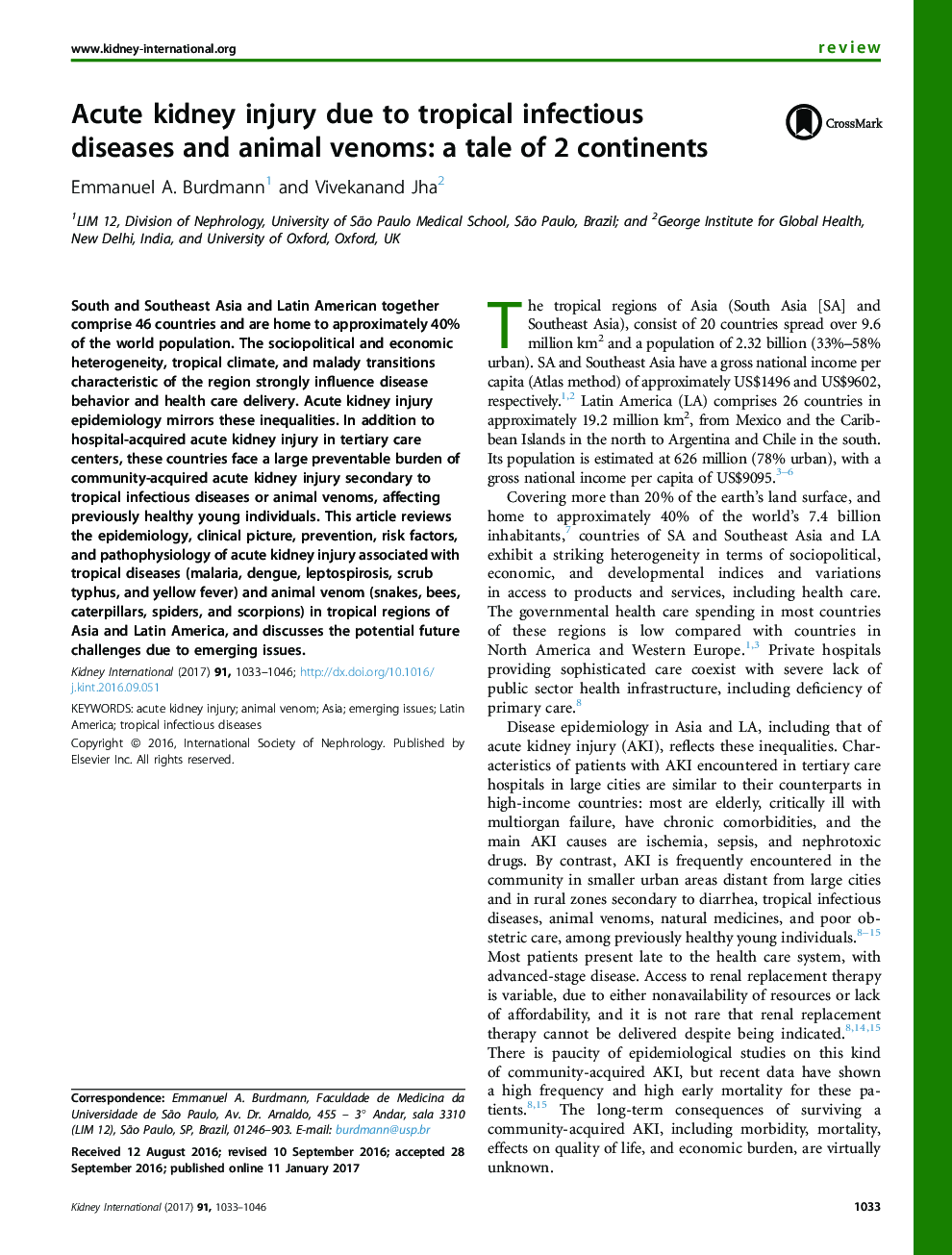 Acute kidney injury due to tropical infectious diseases and animal venoms: a tale of 2 continents