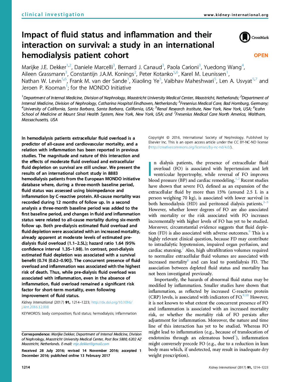 Impact of fluid status and inflammation and their interaction on survival: a study in an international hemodialysis patient cohort