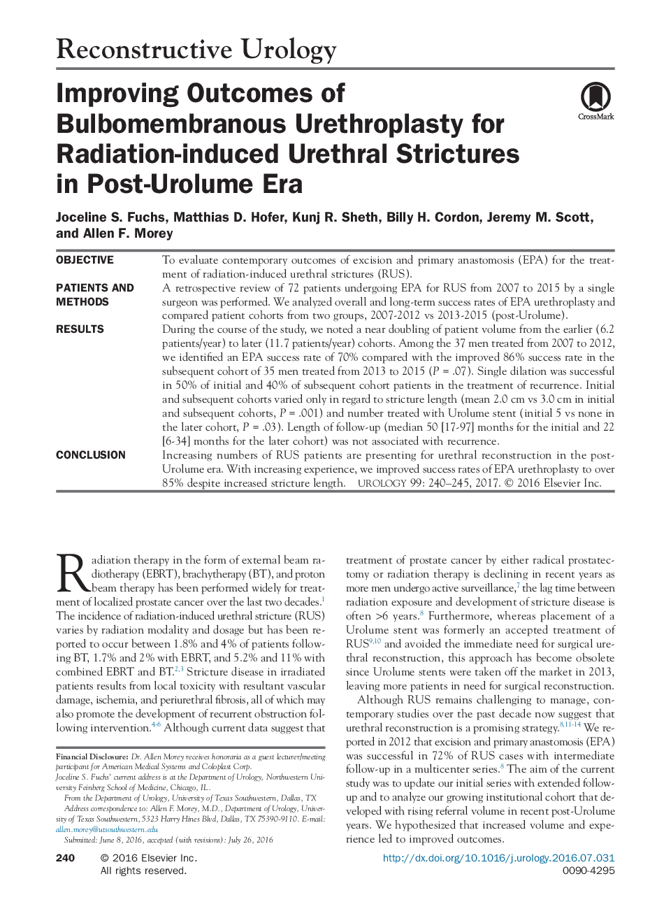 Improving Outcomes of Bulbomembranous Urethroplasty for Radiation-induced Urethral Strictures in Post-Urolume Era