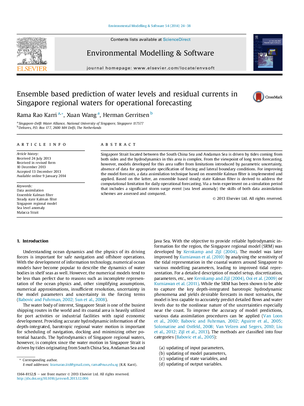 Ensemble based prediction of water levels and residual currents in Singapore regional waters for operational forecasting