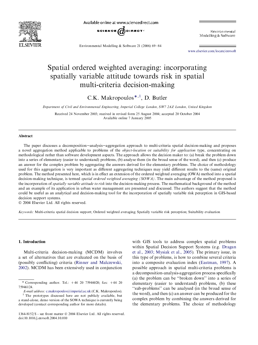Spatial ordered weighted averaging: incorporating spatially variable attitude towards risk in spatial multi-criteria decision-making