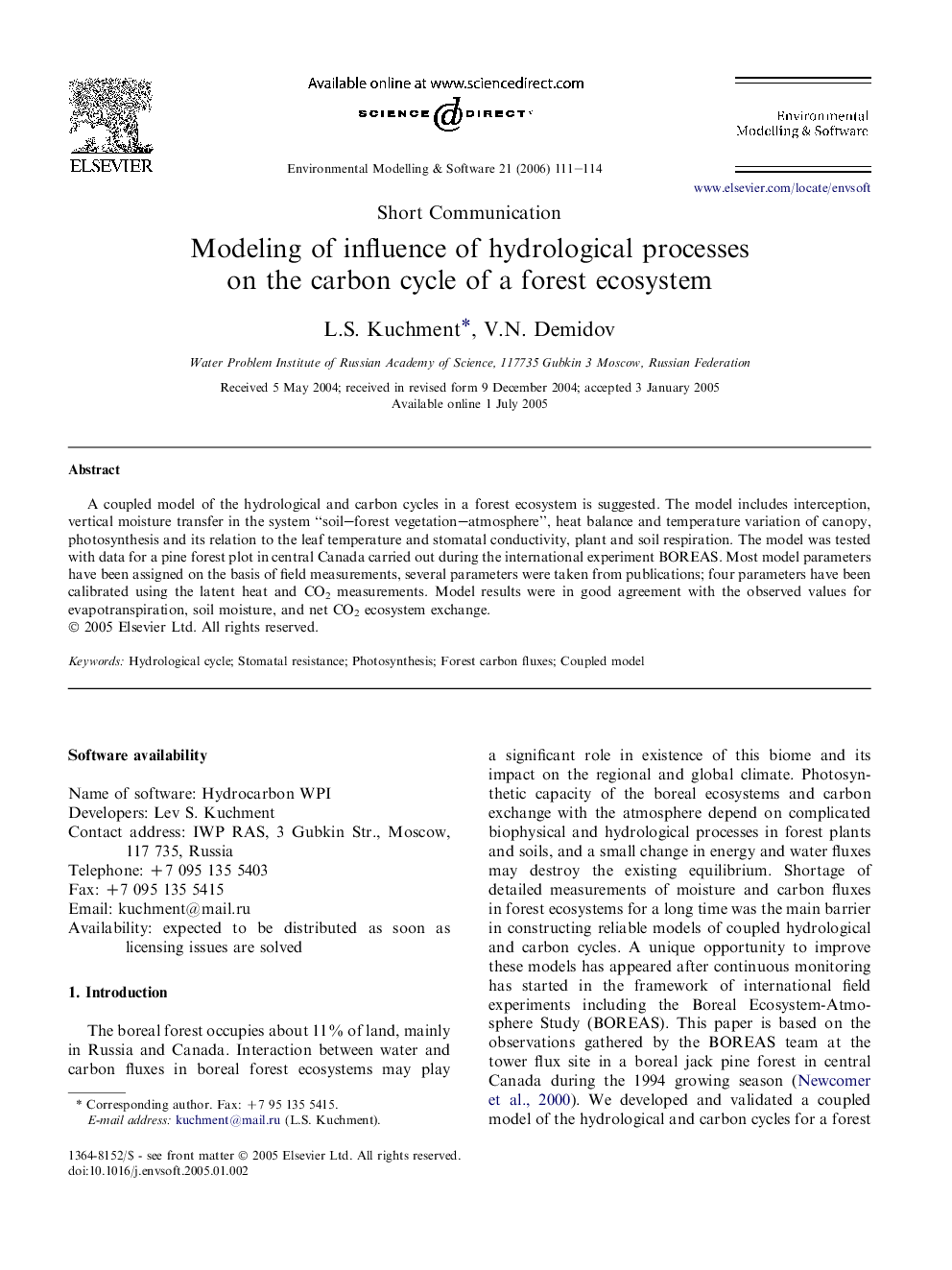 Modeling of influence of hydrological processes on the carbon cycle of a forest ecosystem