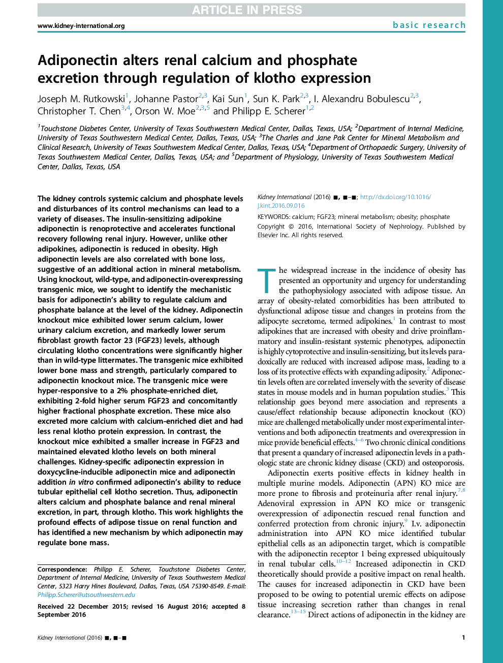 Adiponectin alters renal calcium and phosphate excretion through regulation of klotho expression