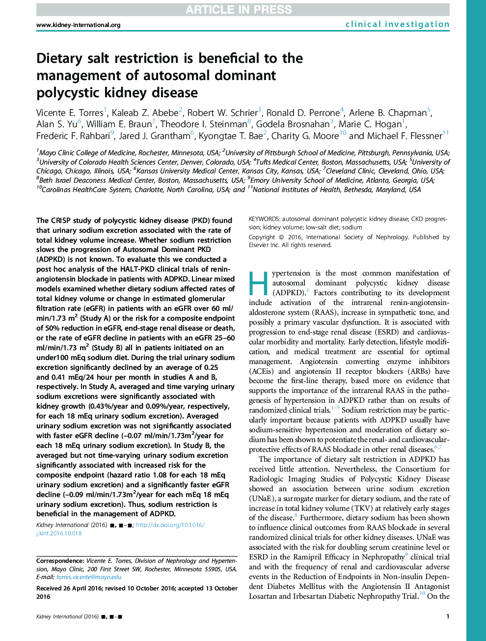 Dietary salt restriction is beneficial to the management of autosomal dominant polycysticÂ kidney disease