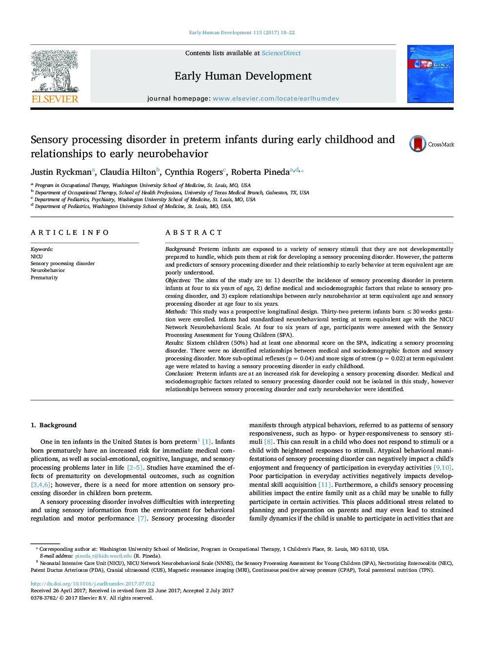 Sensory processing disorder in preterm infants during early childhood and relationships to early neurobehavior