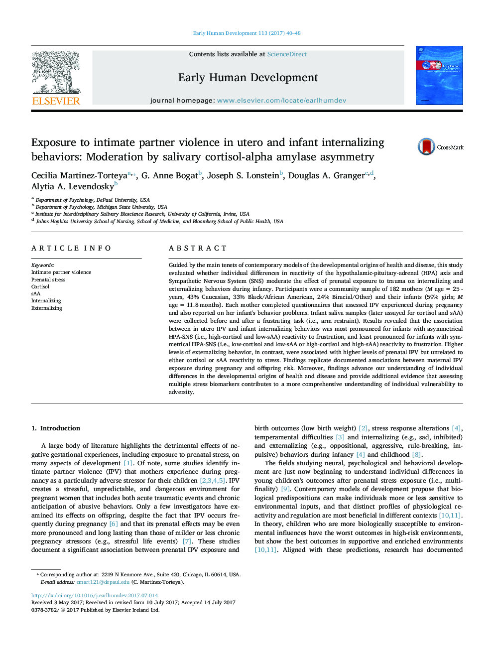 Exposure to intimate partner violence in utero and infant internalizing behaviors: Moderation by salivary cortisol-alpha amylase asymmetry