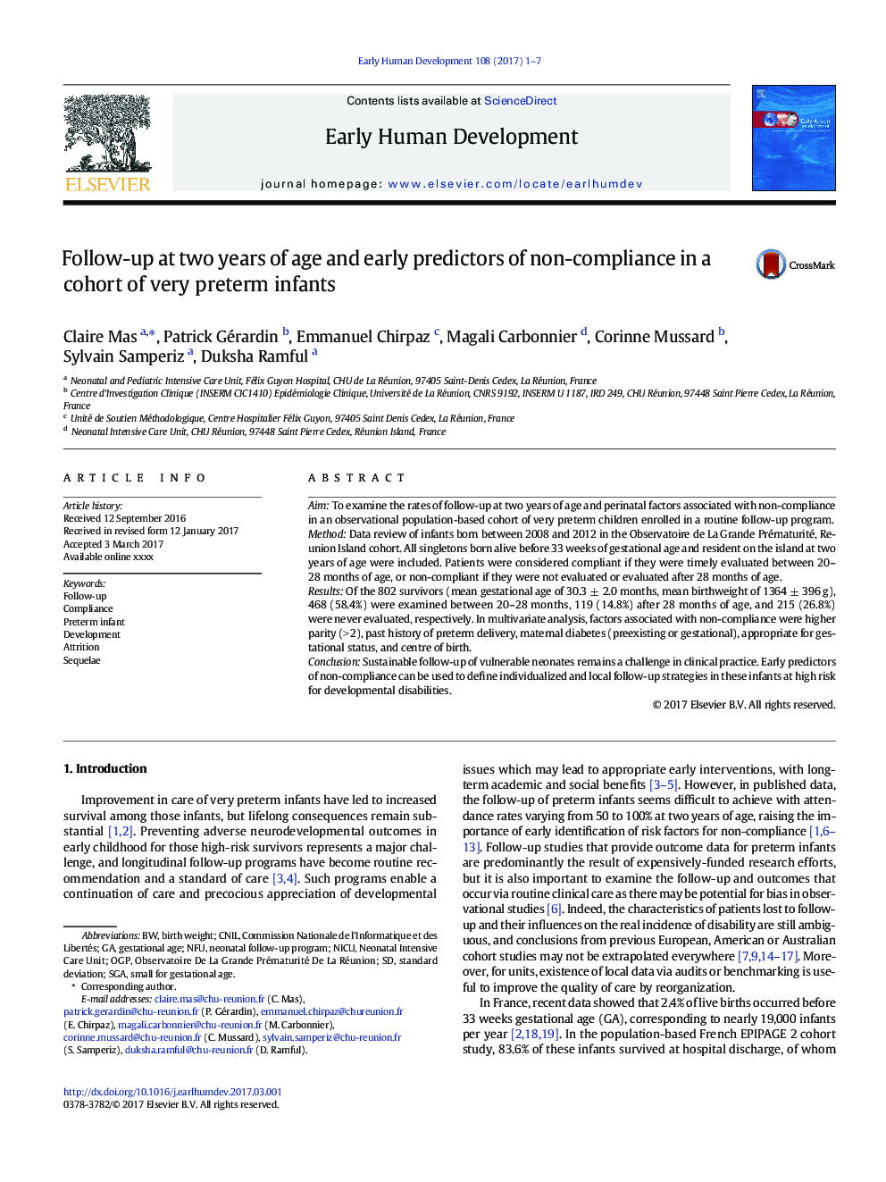 Follow-up at two years of age and early predictors of non-compliance in a cohort of very preterm infants