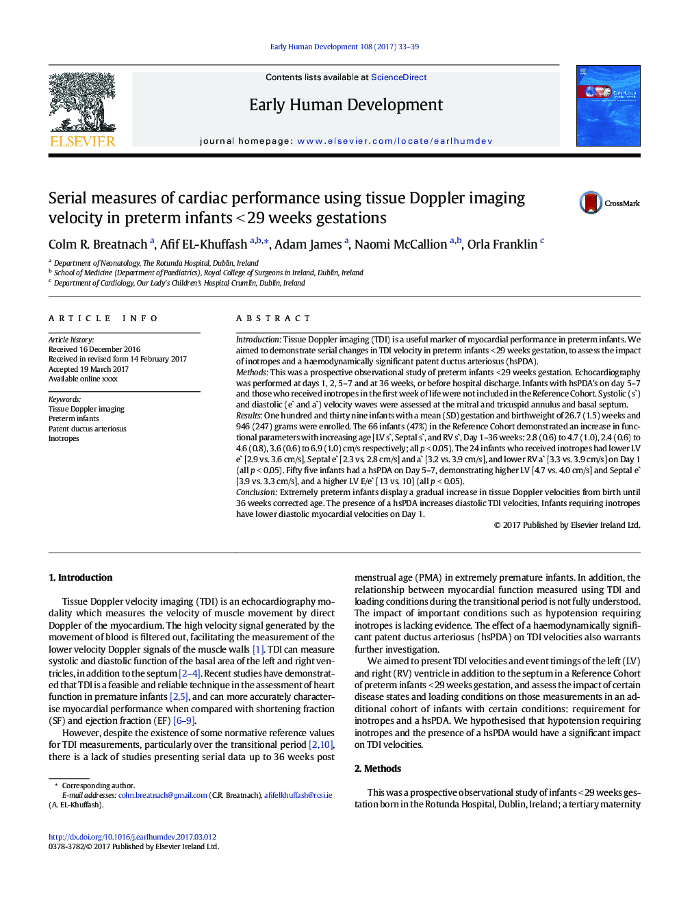 Serial measures of cardiac performance using tissue Doppler imaging velocity in preterm infants <Â 29Â weeks gestations