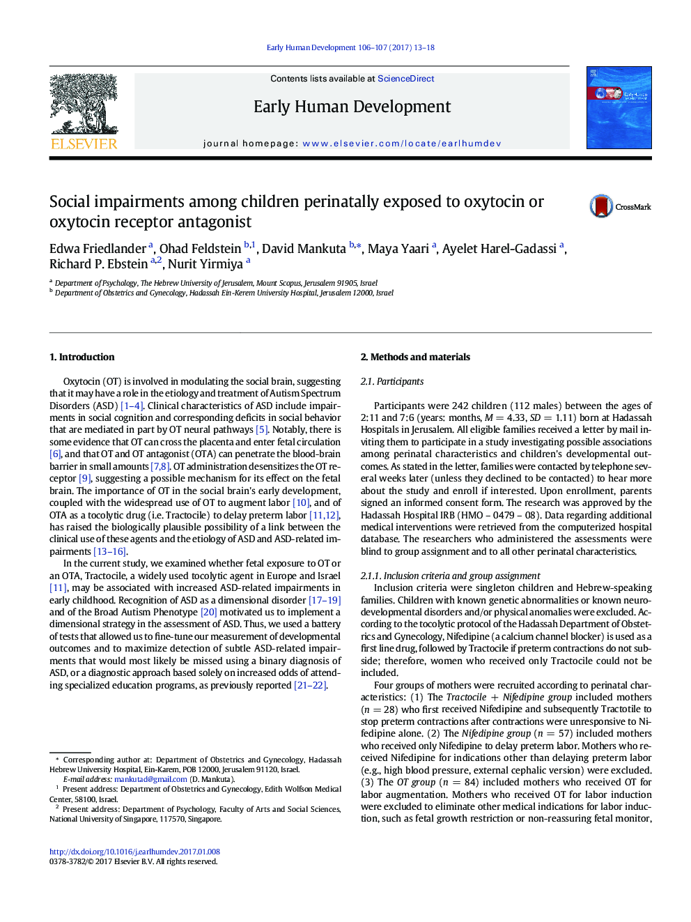 Social impairments among children perinatally exposed to oxytocin or oxytocin receptor antagonist