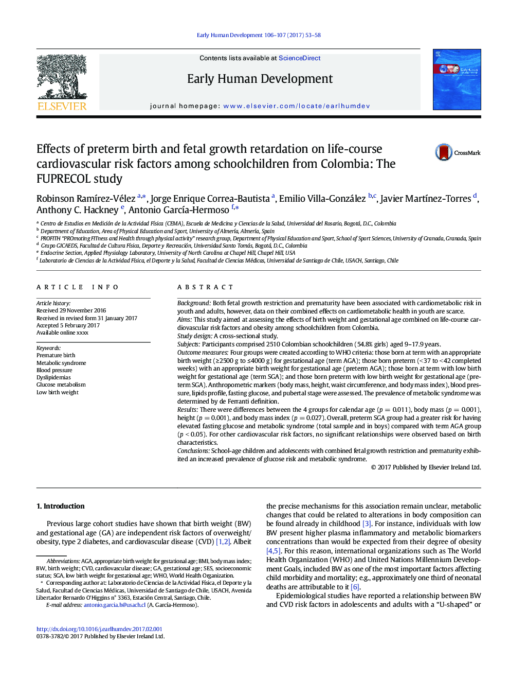 Effects of preterm birth and fetal growth retardation on life-course cardiovascular risk factors among schoolchildren from Colombia: The FUPRECOL study