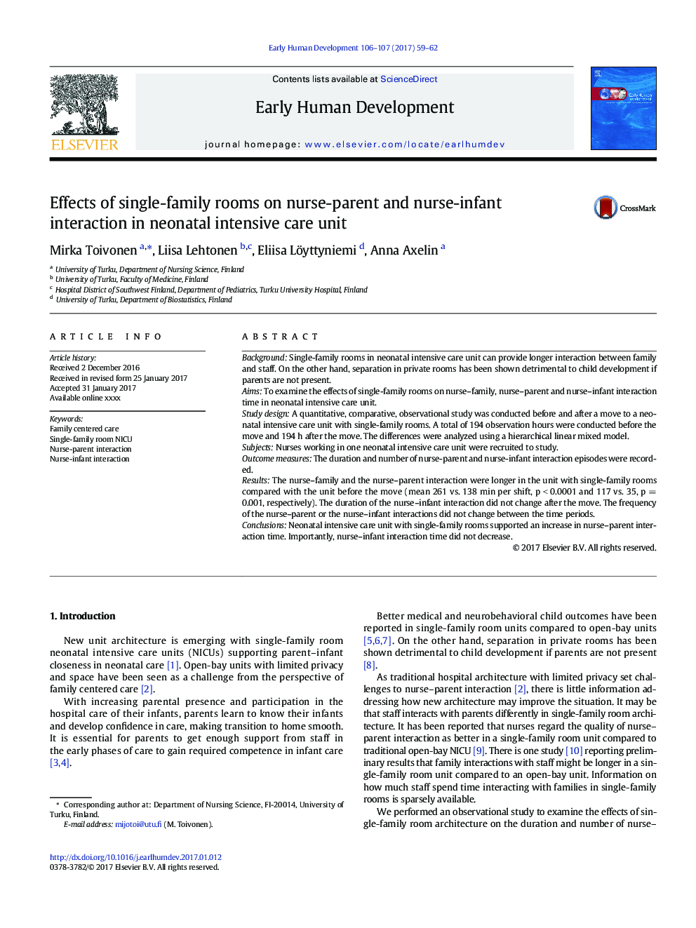 Effects of single-family rooms on nurse-parent and nurse-infant interaction in neonatal intensive care unit