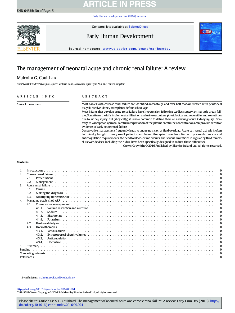 The management of neonatal acute and chronic renal failure: A review