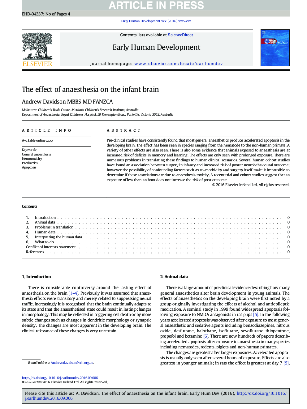 The effect of anaesthesia on the infant brain