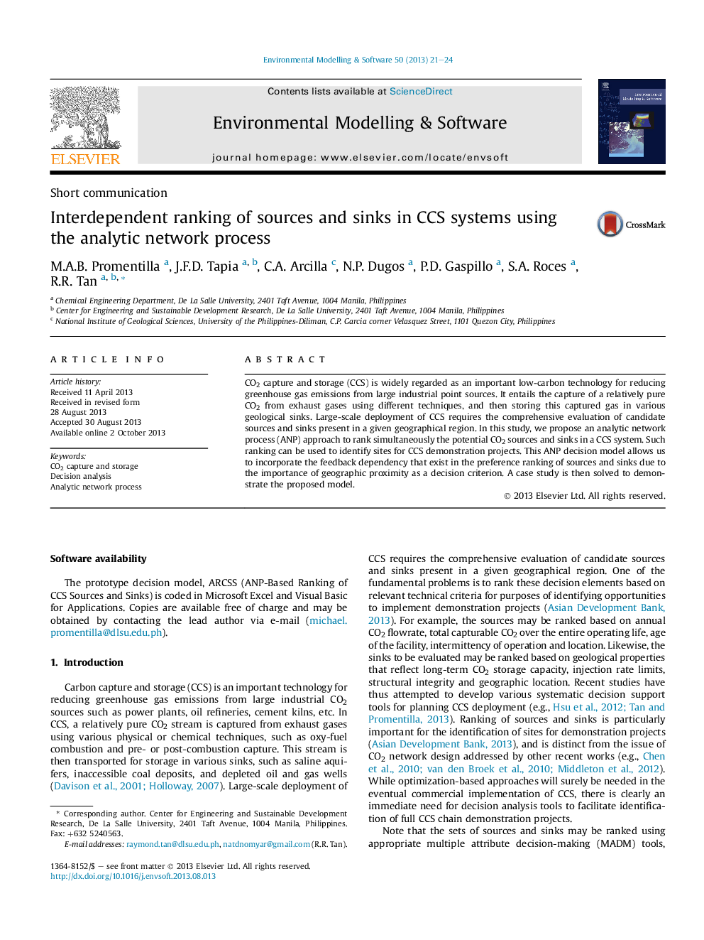 Interdependent ranking of sources and sinks in CCS systems using the analytic network process