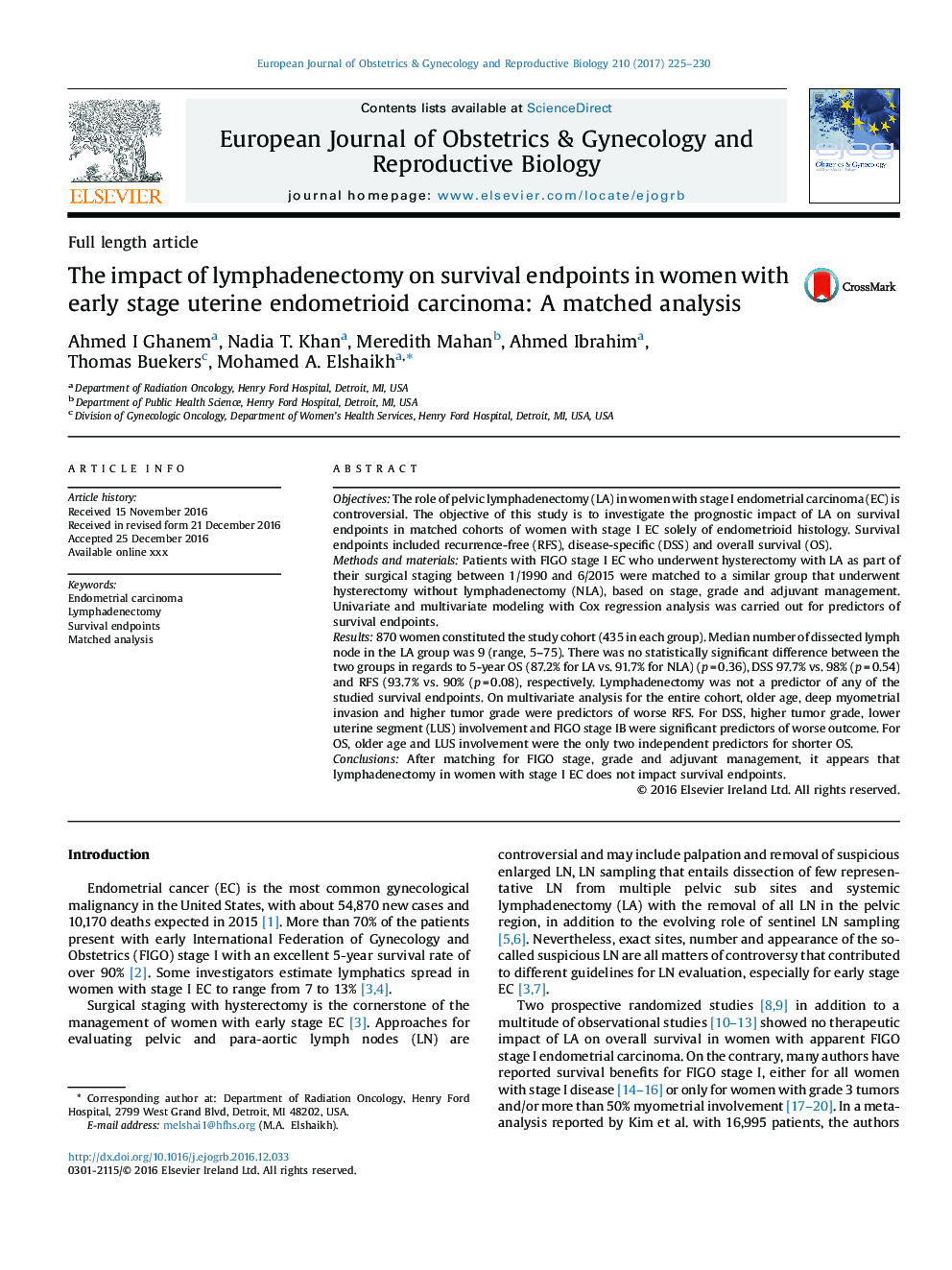 The impact of lymphadenectomy on survival endpoints in women with early stage uterine endometrioid carcinoma: A matched analysis