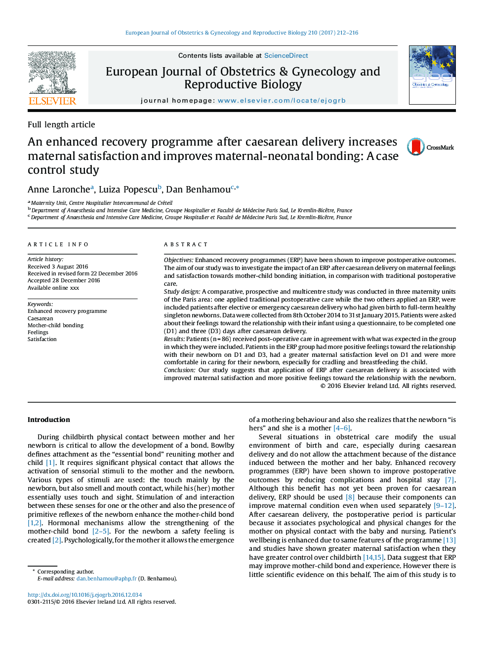 An enhanced recovery programme after caesarean delivery increases maternal satisfaction and improves maternal-neonatal bonding: A case control study