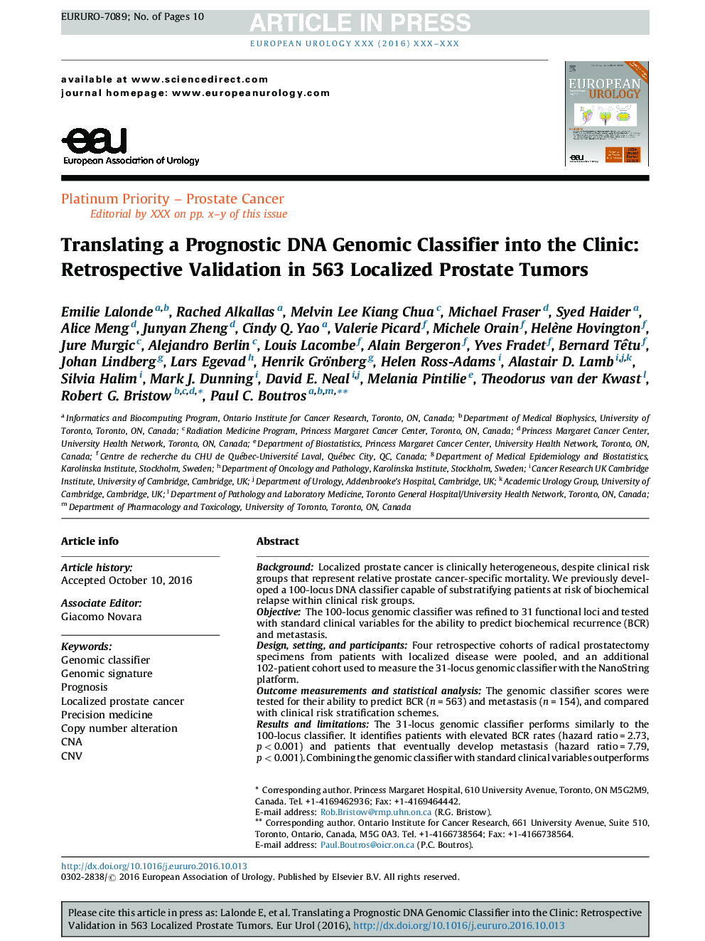 Translating a Prognostic DNA Genomic Classifier into the Clinic: Retrospective Validation in 563 Localized Prostate Tumors