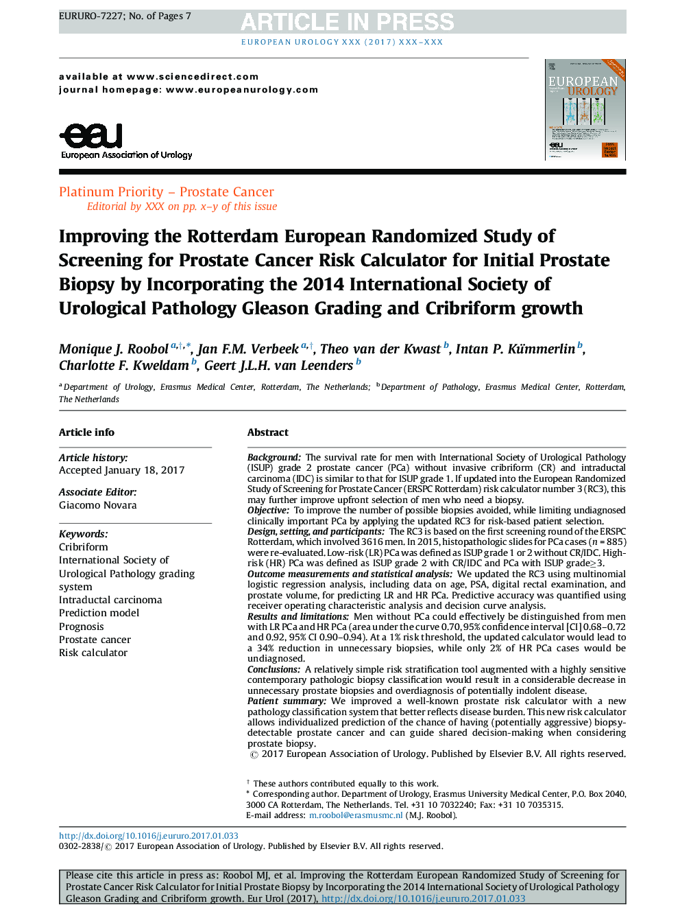 Improving the Rotterdam European Randomized Study of Screening for Prostate Cancer Risk Calculator for Initial Prostate Biopsy by Incorporating the 2014 International Society of Urological Pathology Gleason Grading and Cribriform growth